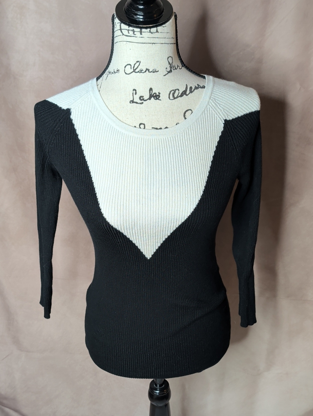 Cache Black and White Ribbed Stretchy Long Sleeve Top Size Extrea Small